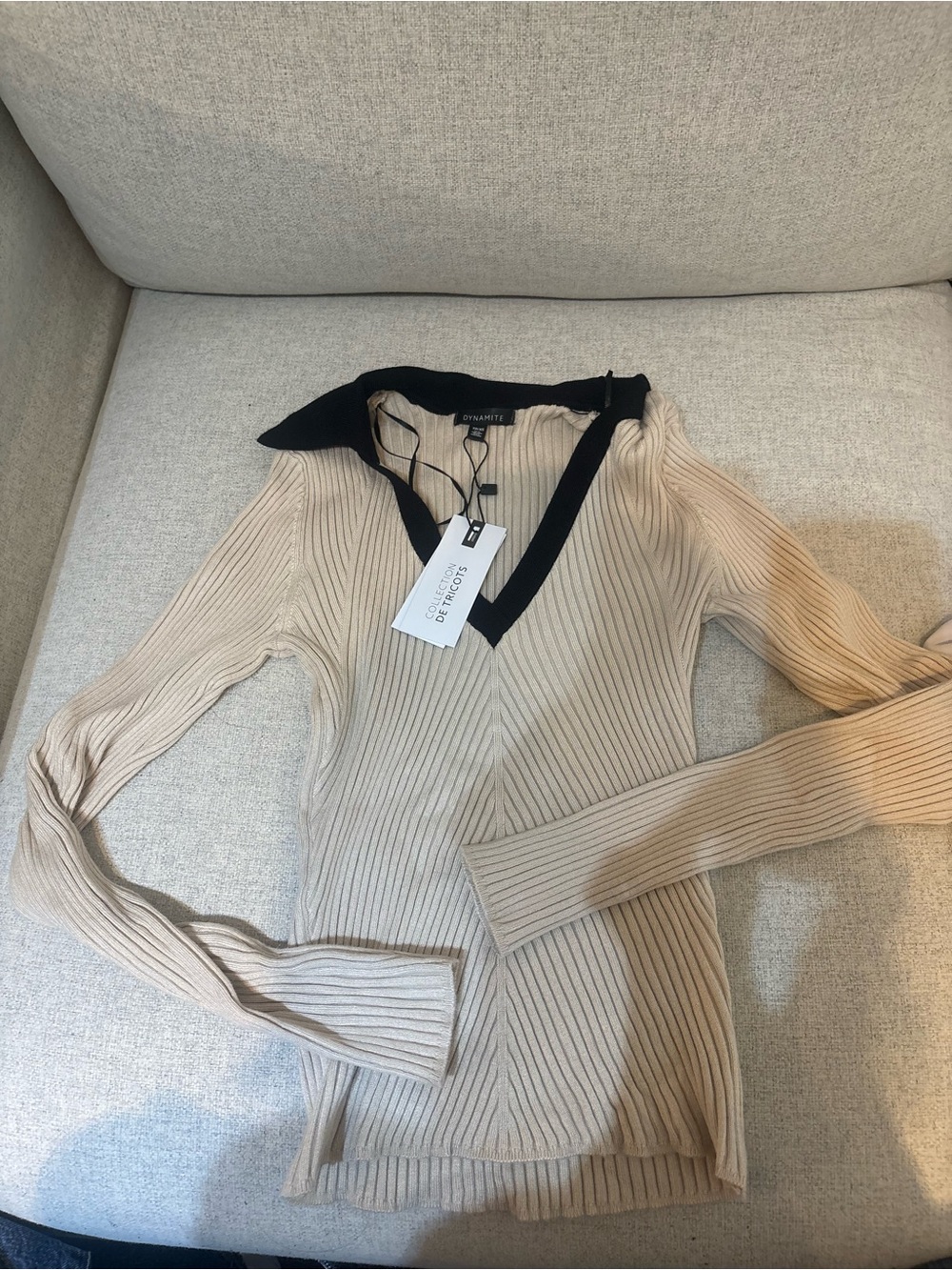 Dynamite Beige Ribbed V-Neck Sweater with Black Trim